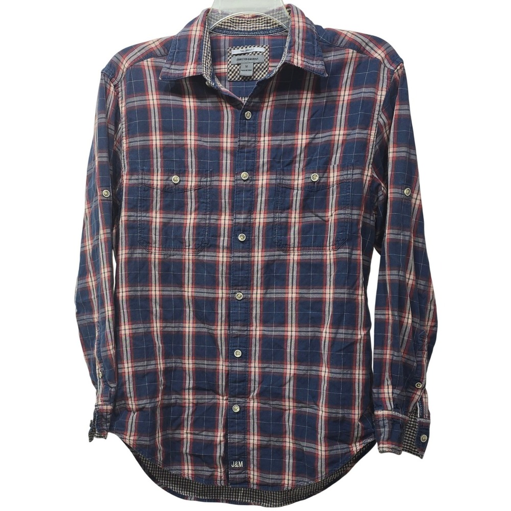 Johnston & Murphy Mens Tailored Fit Plaid Button Down Shirt Navy Red Cotton Sz M